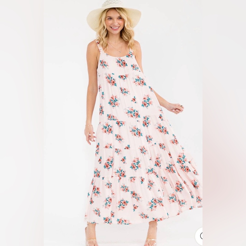 NWT Baby Pink Floral Tiered Maxi Dress Multiple sizes.